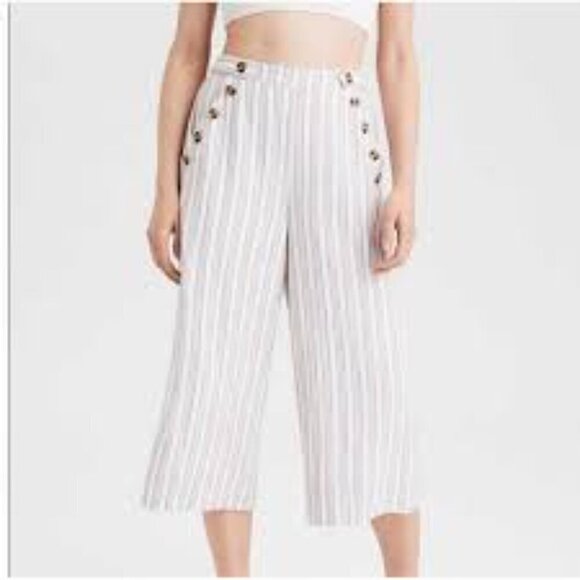 AE high waisted side buttons cullotes linen blend striped pants lined XL - Picture 1 of 10